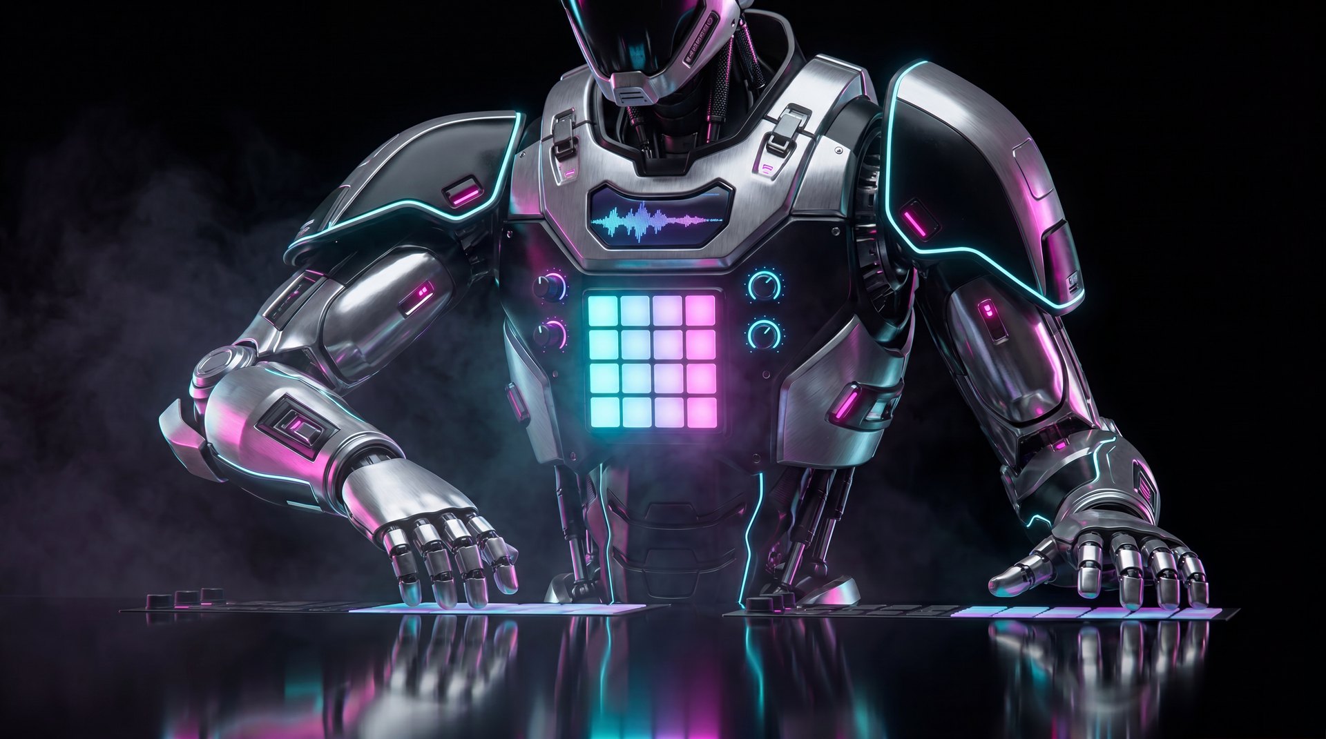 Photoreal Kortex producer robot rendered in cyan and magenta light, representing the AI-native studio.